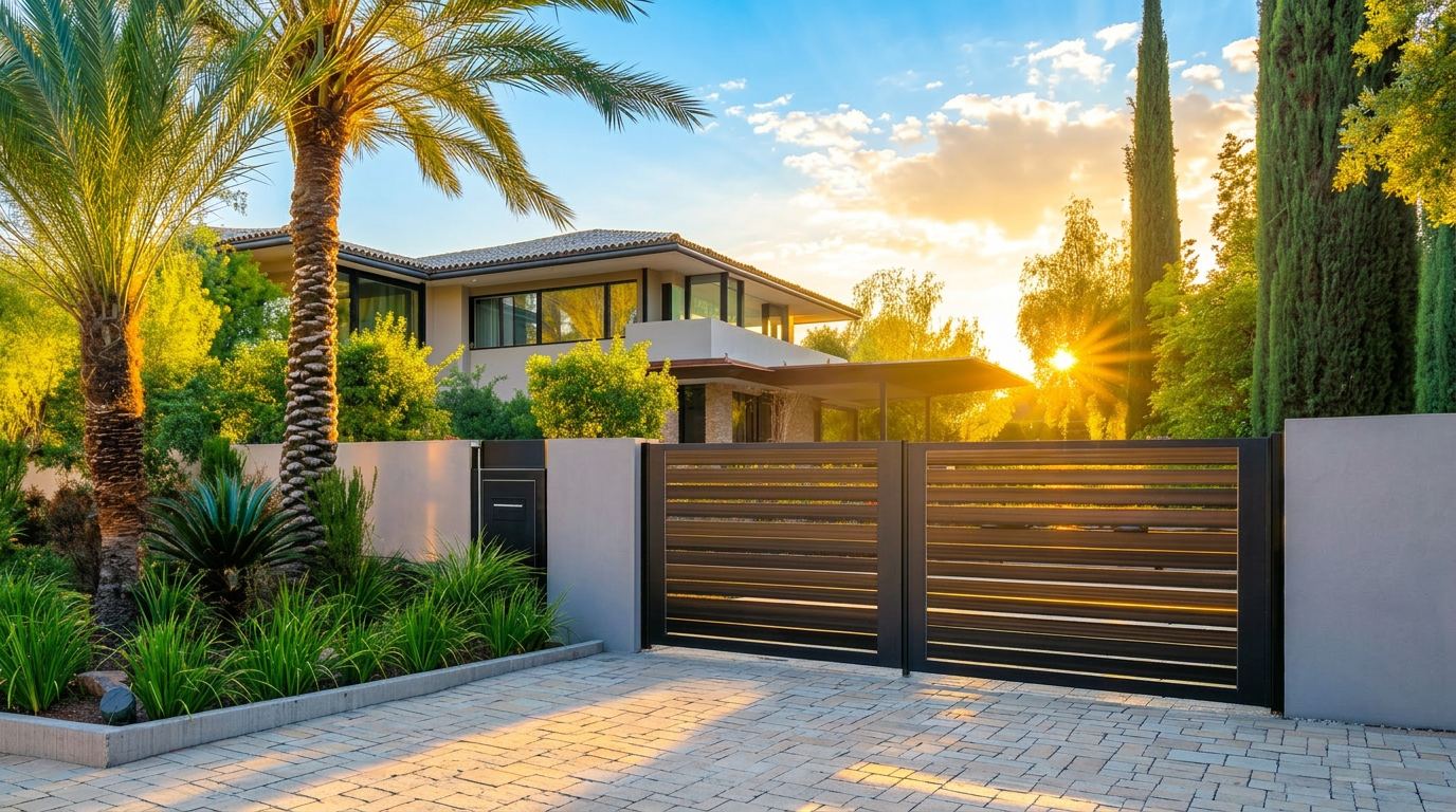 Modern horizontal slat automatic driveway gate at a luxury home